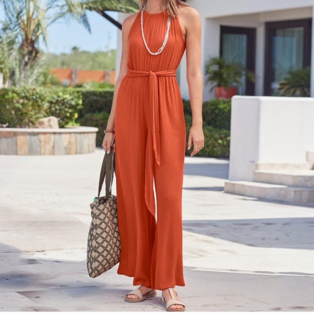 Sundance halter belted jumpsuit wide leg Pockets - Picture 13 of 13